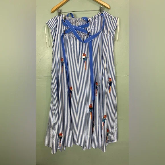 Anthropologie Maeve Tie Back A Line Maxi Dress Striped Blue Beaded Birds 24W - Picture 10 of 16